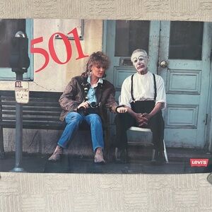 Vintage 80’s Levi’s 501 Jeans Poster with Photographer & Clown on bench, rare
